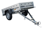 200×106 Gitteranhänger mit blauer Flachplane, Gitterwänden und Stützrad – Garden Trailer 200 KIPP